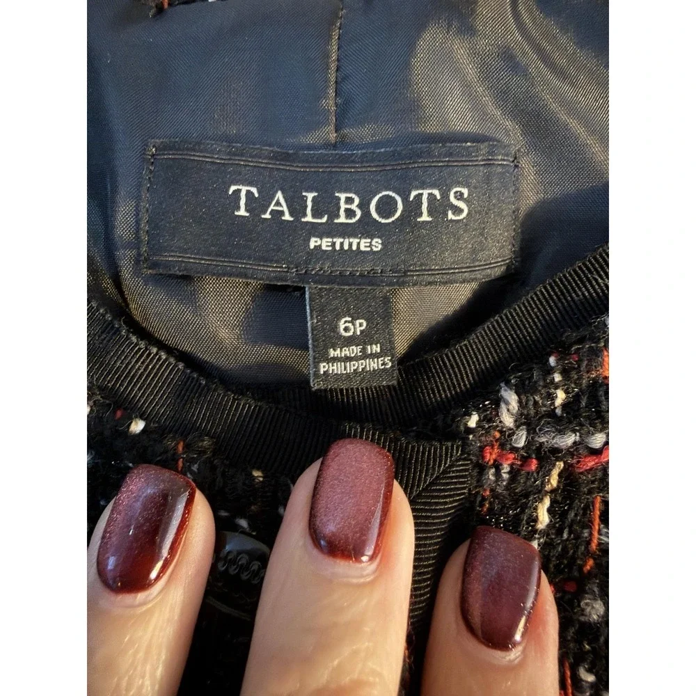 Talbots Blazer Jacket Womens 6P Black Tweed Button Front Pockets Collarless